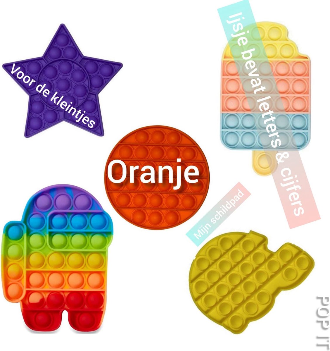 Pop It | Fidget toys | Pakket van 5 stuks | Regenboog Among us + Ster paars + Oranje rond + Schildpad geel + Multi ijsje *ijsje bevat letters en cijfers | Speelgoed meisjes + jongens + volwassen | Pop It | Fidget toy